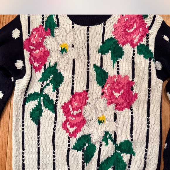 Floral Patterned Sweater - Navy and Pink, Polka Dot Sleeves Romantic Easter - Picture 2 of 5